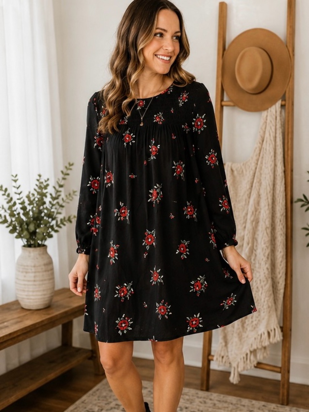 J. Jill Black Floral Smocked Boho Swing Dress Size Small
